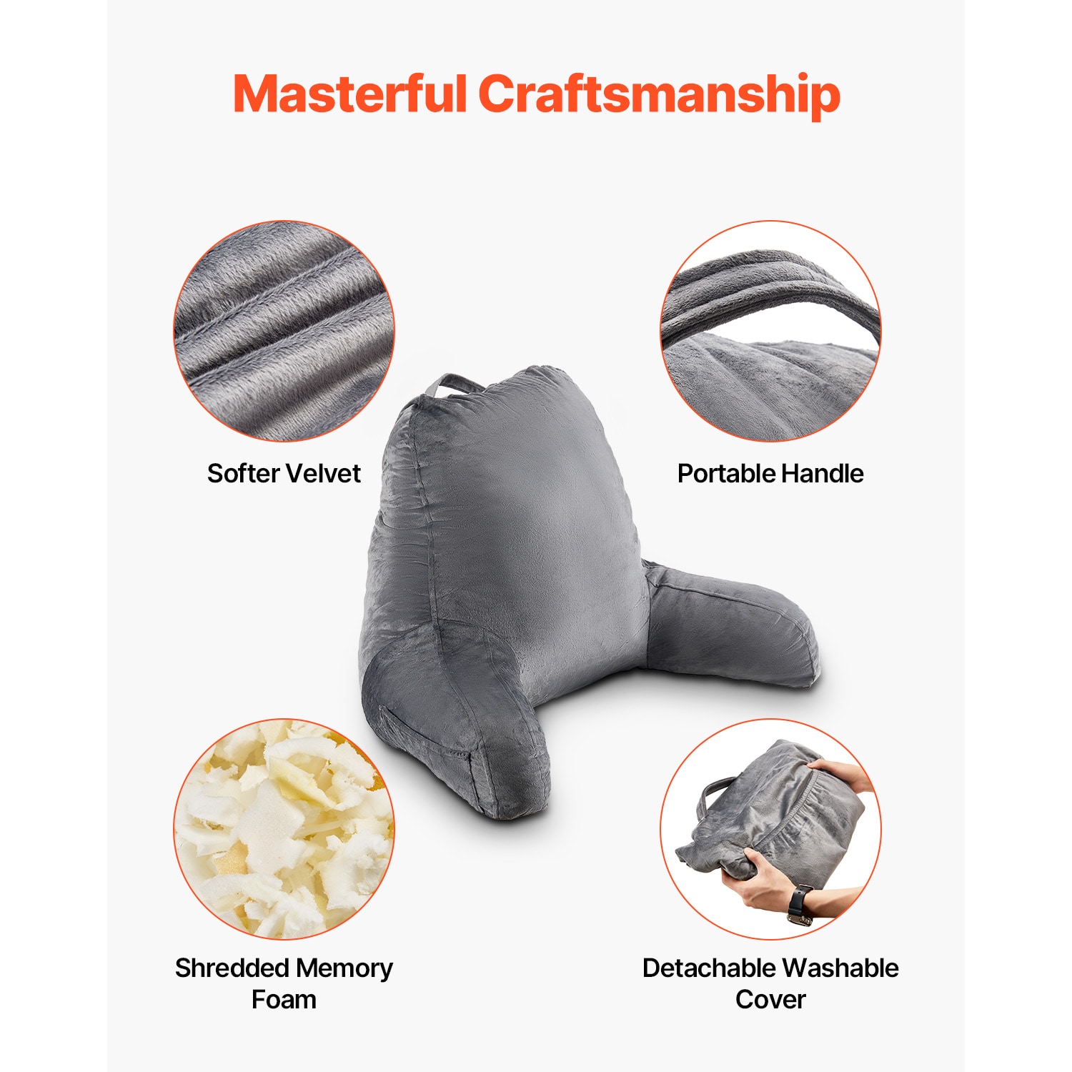 Grey Reading Pillow With Memory Foam, Back Support And Pockets_voghion.com